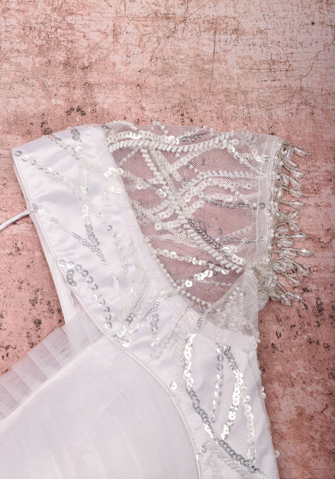 White sequin blouse with pleated net detailing, Mix and match blouse for saree, Made to Order
