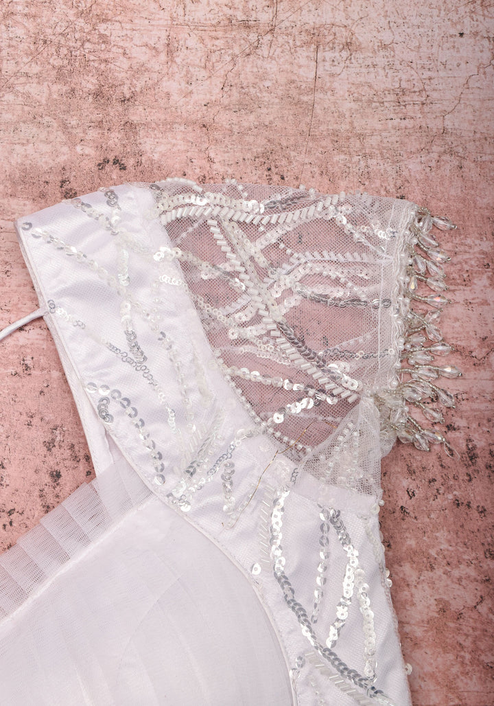 White sequin blouse with pleated net detailing, Mix and match blouse for saree, Made to Order