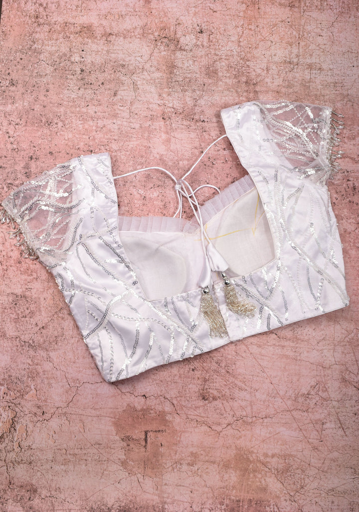 White sequin blouse with pleated net detailing, Mix and match blouse for saree, Made to Order