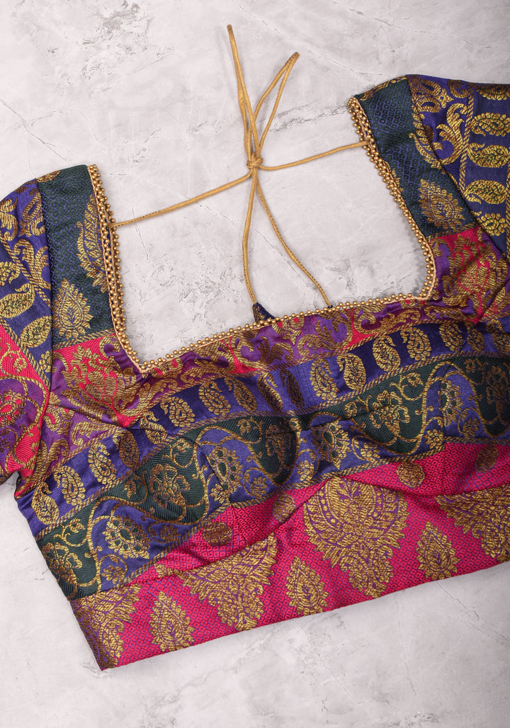 Purple and Pink Banarasi Brocade Square Neck Mix and Match Blouse, Made to Order