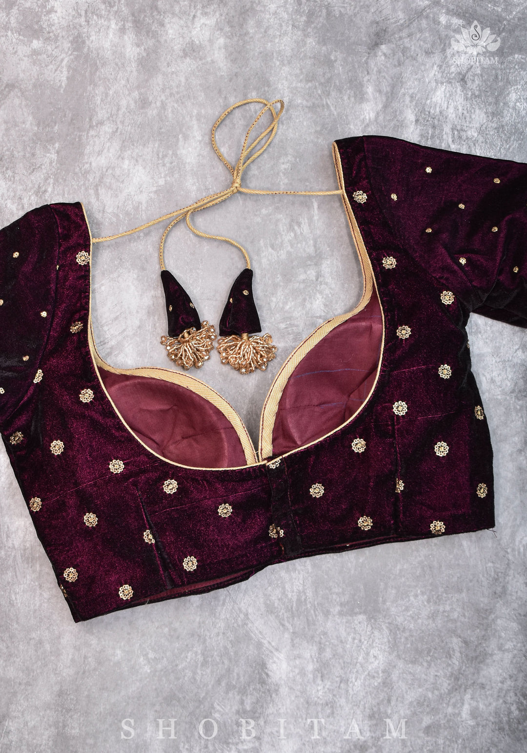 Burgundy velvet blouse with two size buttas, gotta detailing and cut dana latkans