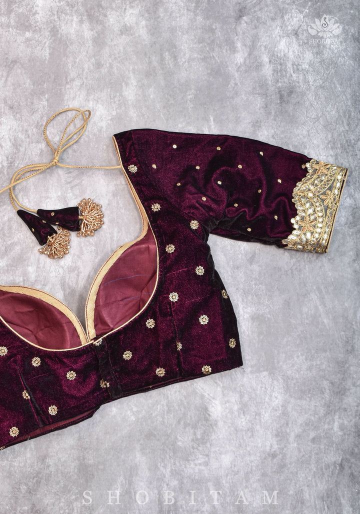 Burgundy velvet blouse with two size buttas, gotta detailing and cut dana latkans
