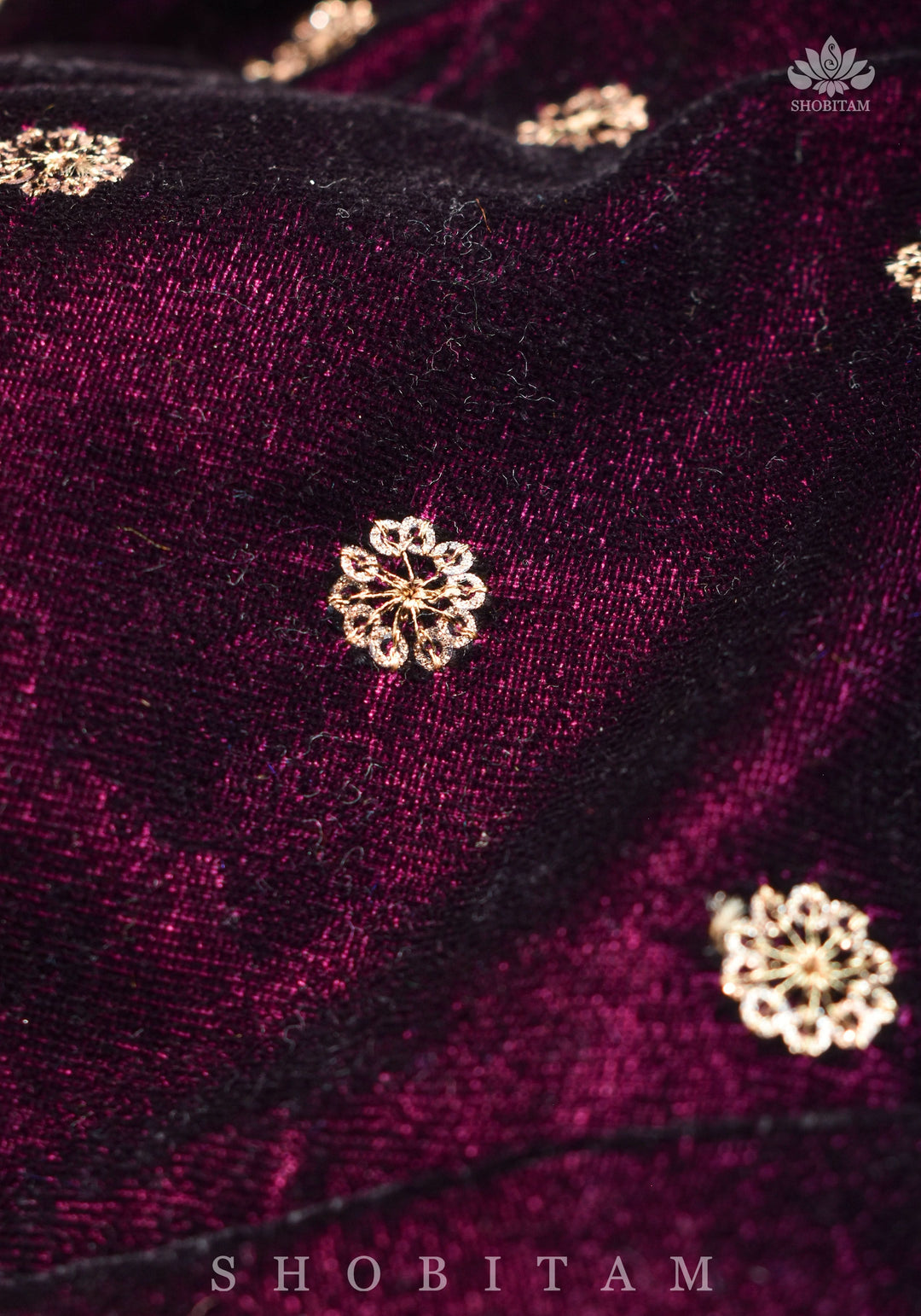Burgundy velvet blouse with two size buttas, gotta detailing and cut dana latkans
