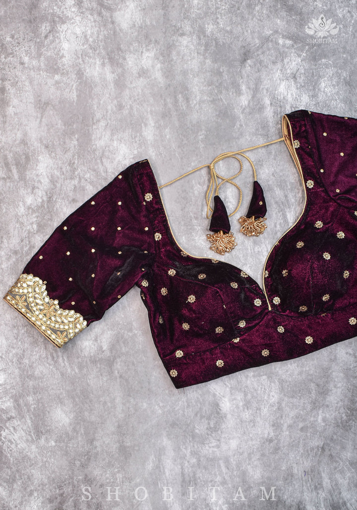 Burgundy velvet blouse with two size buttas, gotta detailing and cut dana latkans