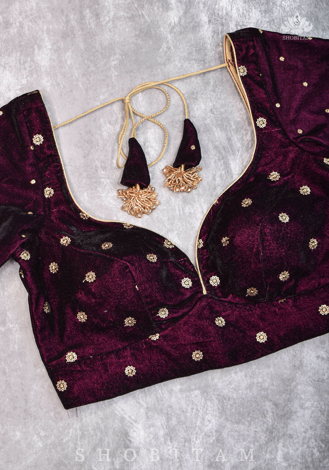Burgundy velvet blouse with two size buttas, gotta detailing and cut dana latkans