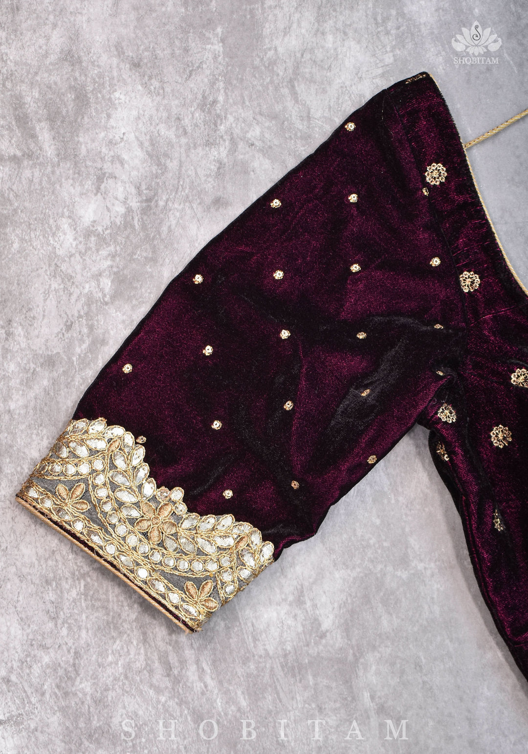Burgundy velvet blouse with two size buttas, gotta detailing and cut dana latkans