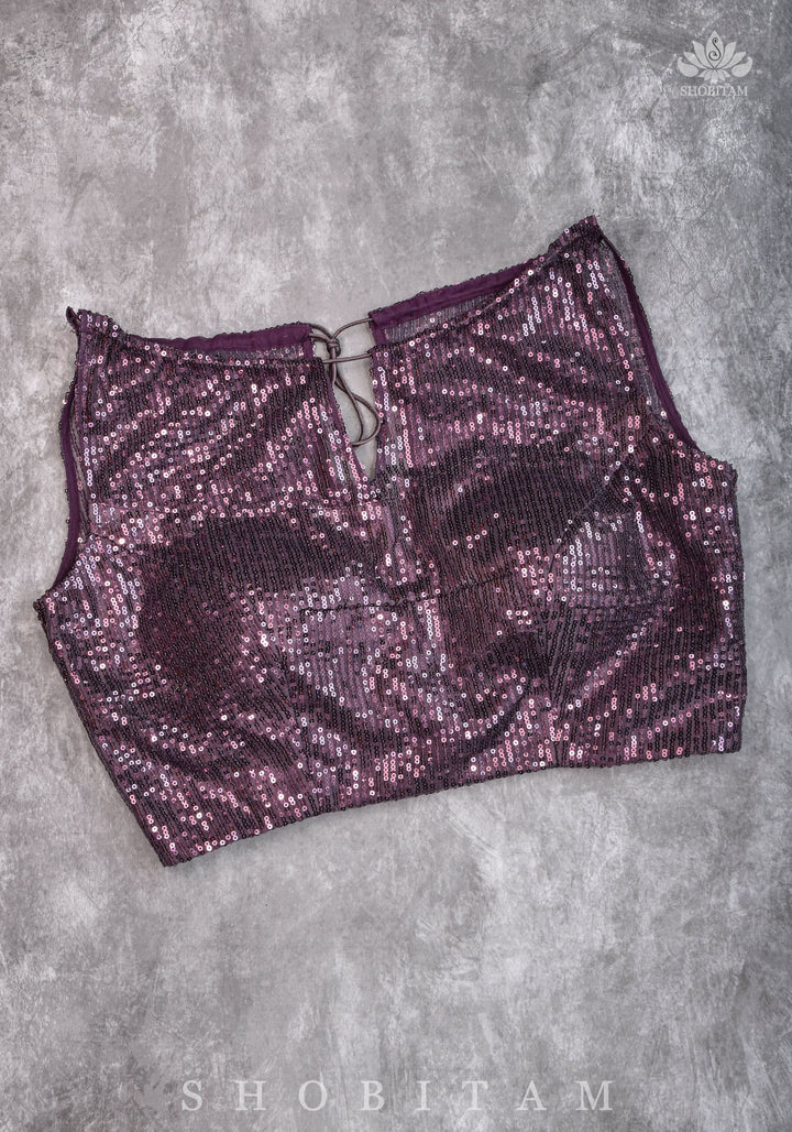 Stylish Amethyst Gathered Neck Blouse with self tone sequins and sheer yoke