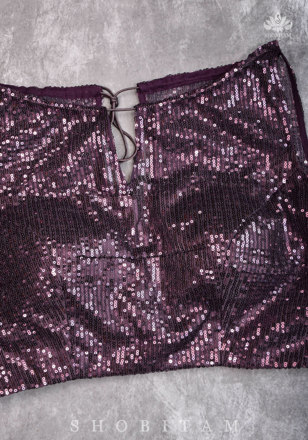Stylish Amethyst Gathered Neck Blouse with self tone sequins and sheer yoke