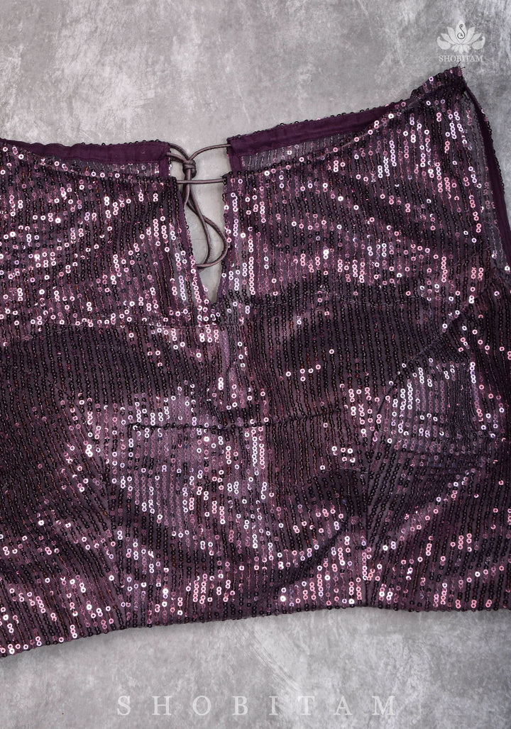 Stylish Amethyst Gathered Neck Blouse with self tone sequins and sheer yoke