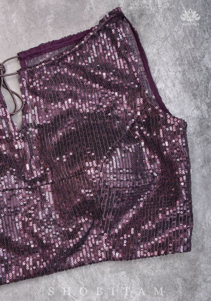 Stylish Amethyst Gathered Neck Blouse with self tone sequins and sheer yoke