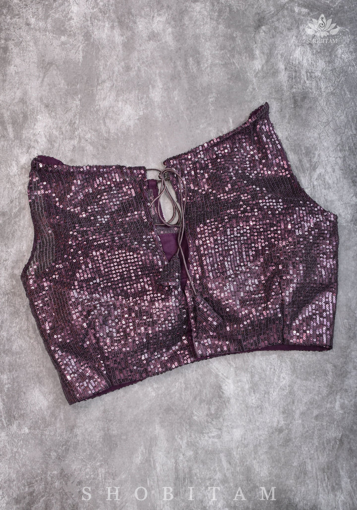 Stylish Amethyst Gathered Neck Blouse with self tone sequins and sheer yoke | SHOBITAM