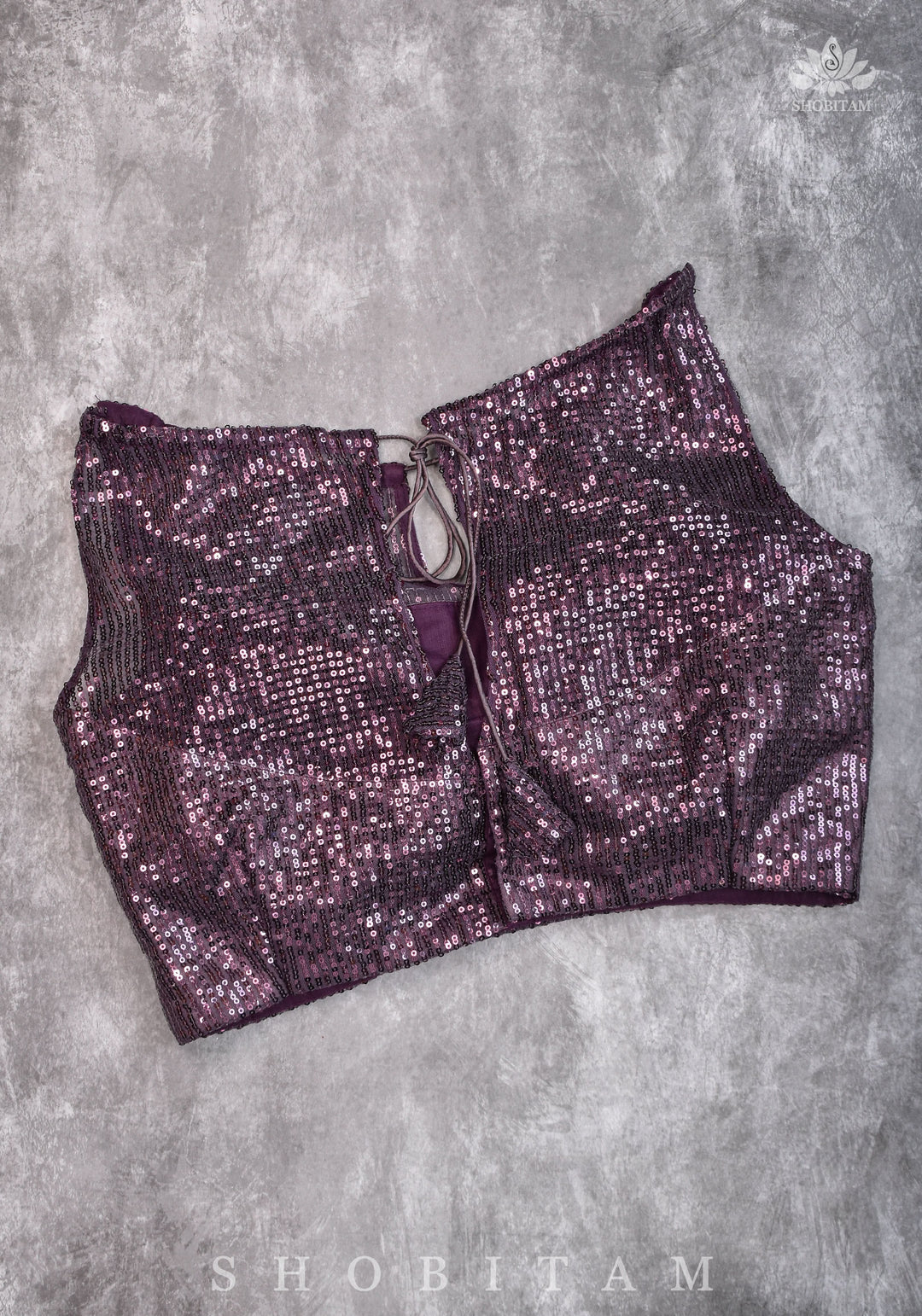 Stylish Amethyst Gathered Neck Blouse with self tone sequins and sheer yoke
