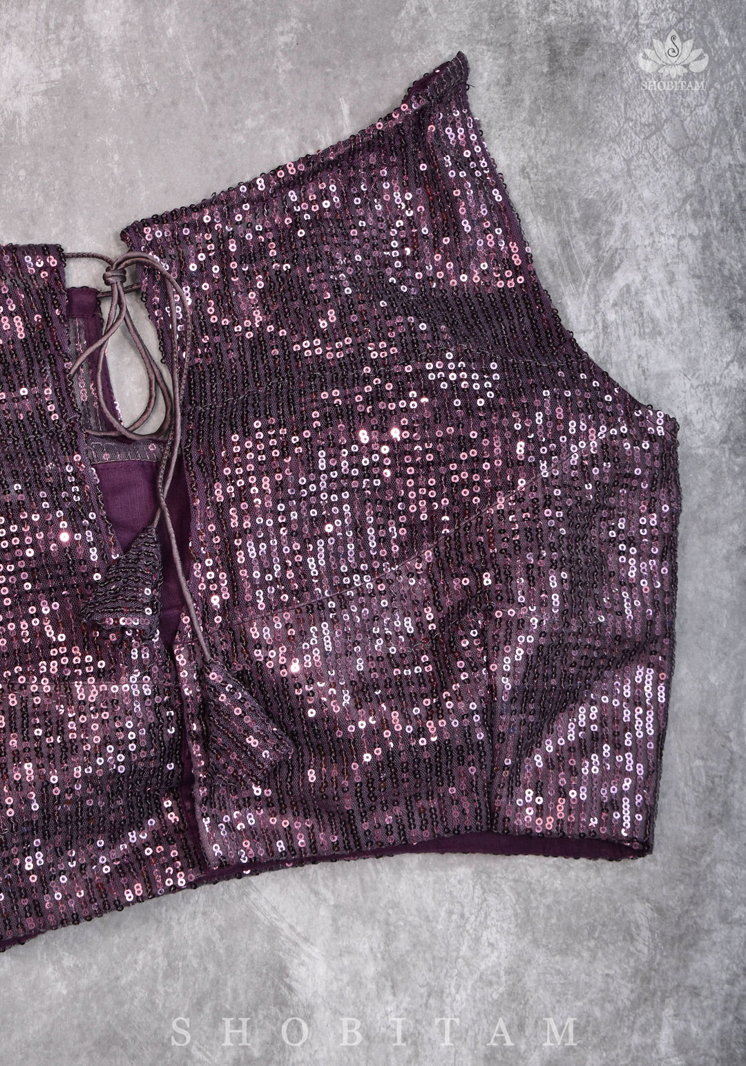 Stylish Amethyst Gathered Neck Blouse with self tone sequins and sheer yoke