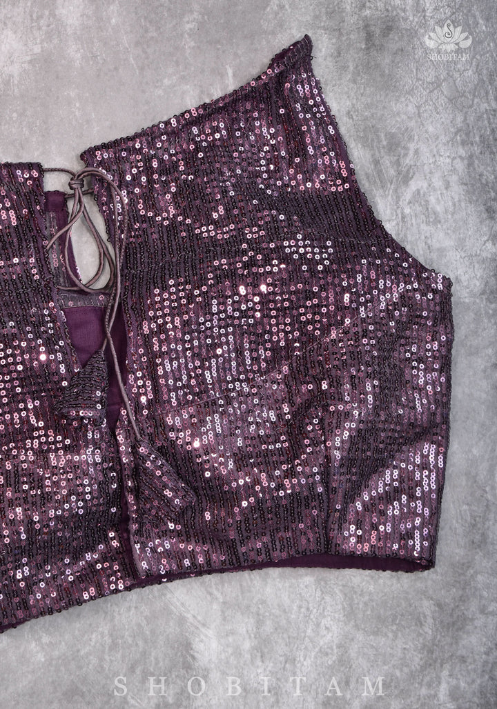 Stylish Amethyst Gathered Neck Blouse with self tone sequins and sheer yoke
