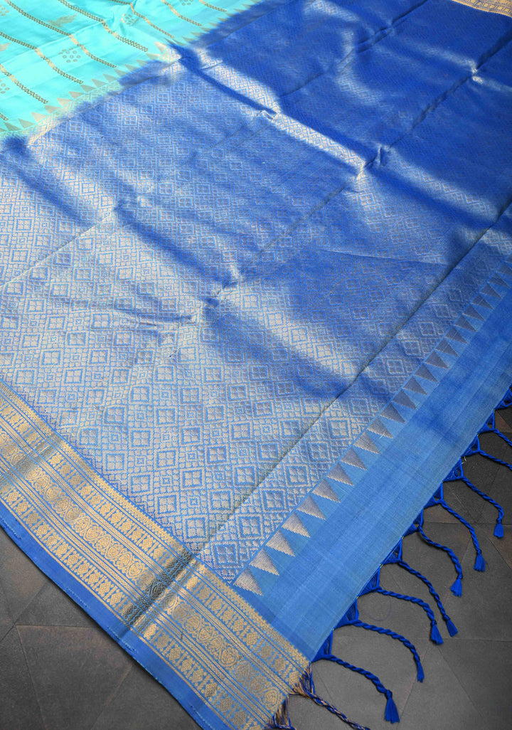 Cyan Horizontal Zari Stripes Kanjivaram Soft Silk Saree With Zari Buttas And Border | SILK MARK CERTIFIED