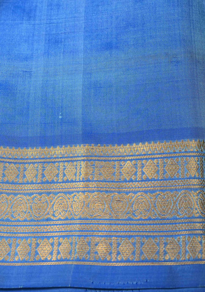 Cyan Horizontal Zari Stripes Kanjivaram Soft Silk Saree With Zari Buttas And Border | SILK MARK CERTIFIED