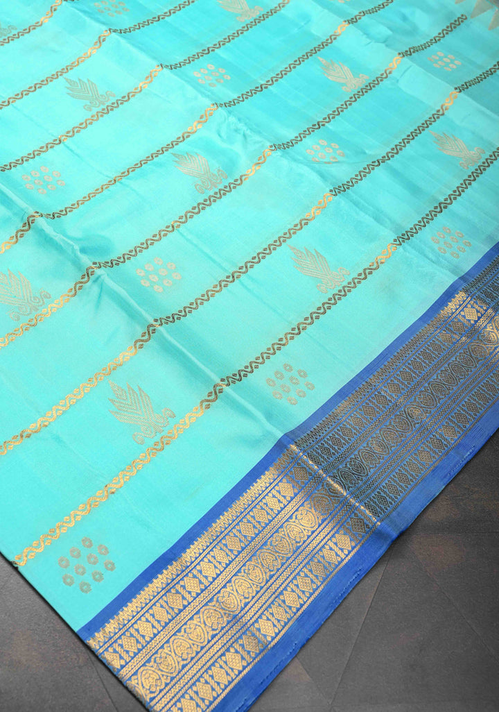 Cyan Horizontal Zari Stripes Kanjivaram Soft Silk Saree With Zari Buttas And Border | SILK MARK CERTIFIED