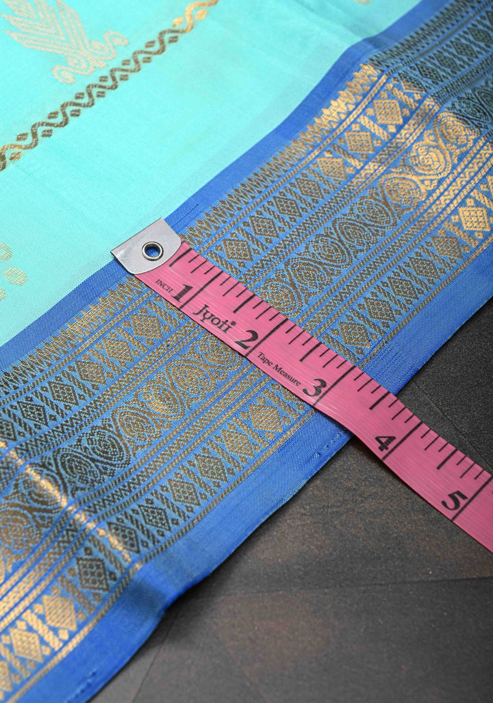 Cyan Horizontal Zari Stripes Kanjivaram Soft Silk Saree With Zari Buttas And Border | SILK MARK CERTIFIED