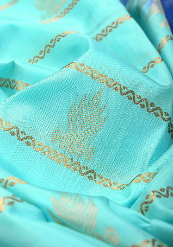 Cyan Horizontal Zari Stripes Kanjivaram Soft Silk Saree With Zari Buttas And Border | SILK MARK CERTIFIED