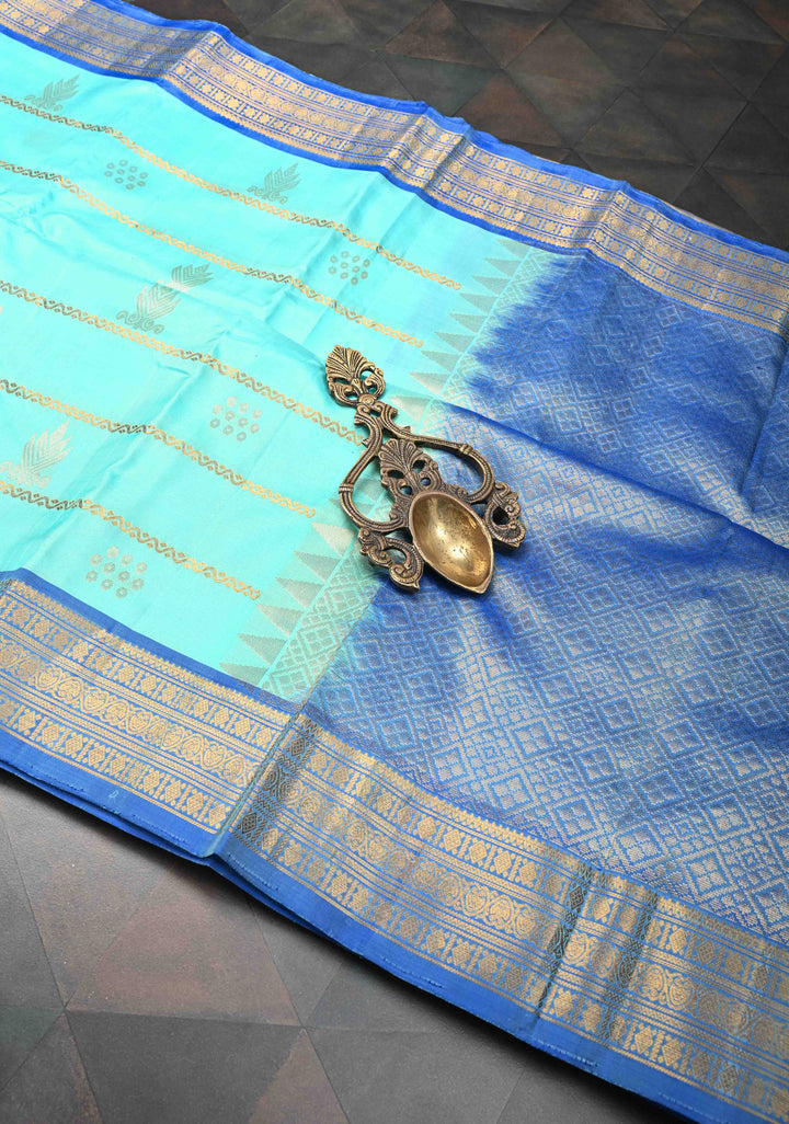 Cyan Horizontal Zari Stripes Kanjivaram Soft Silk Saree With Zari Buttas And Border | SILK MARK CERTIFIED