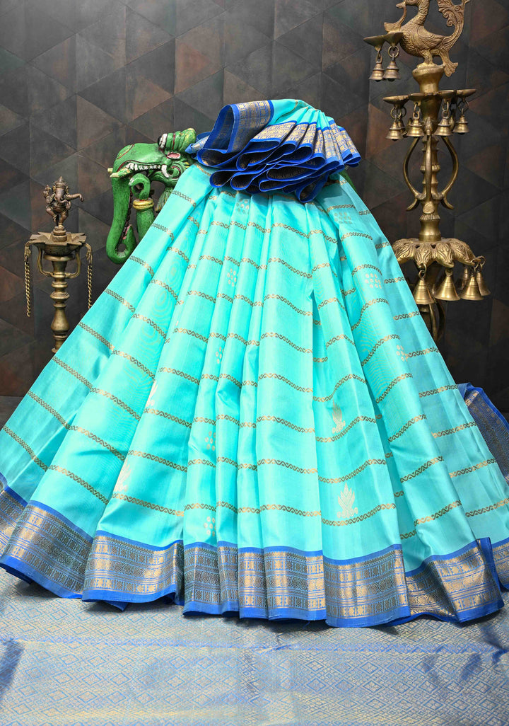 Cyan Horizontal Zari Stripes Kanjivaram Soft Silk Saree With Zari Buttas And Border | SILK MARK CERTIFIED