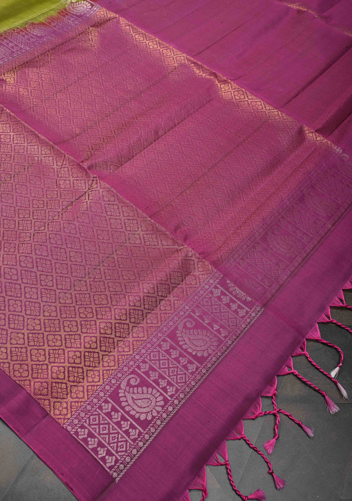 Dark Olive Green Kanjivaram Soft Silk Saree With Zari & Alfi Buttas And Contrast Border | SILK MARK CERTIFIED