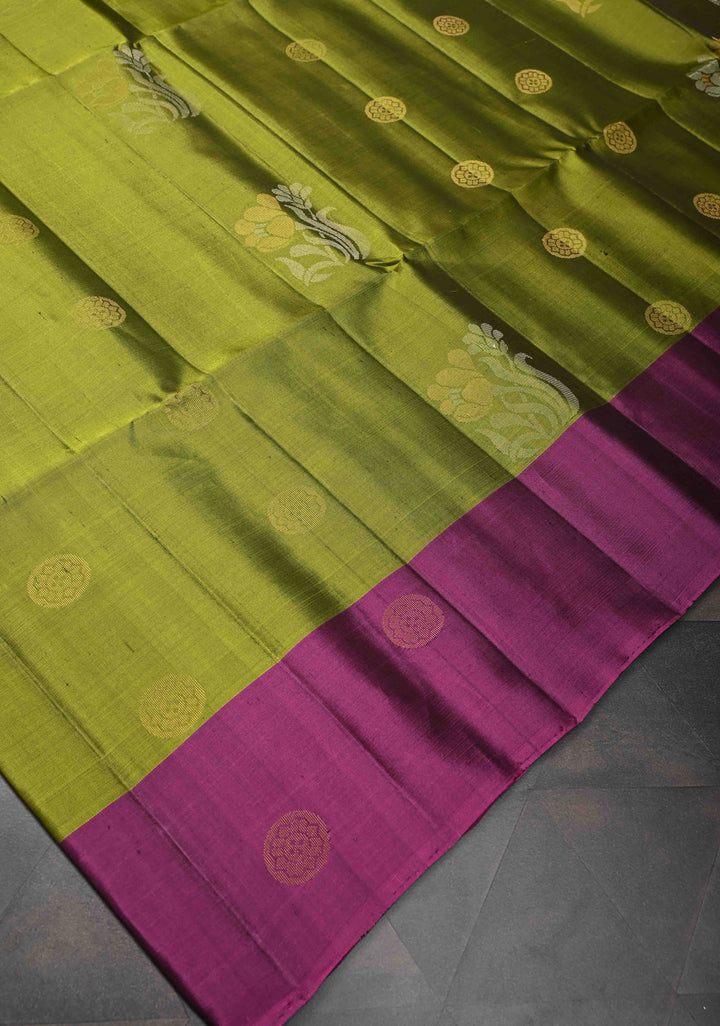 Dark Olive Green Kanjivaram Soft Silk Saree With Zari & Alfi Buttas And Contrast Border | SILK MARK CERTIFIED