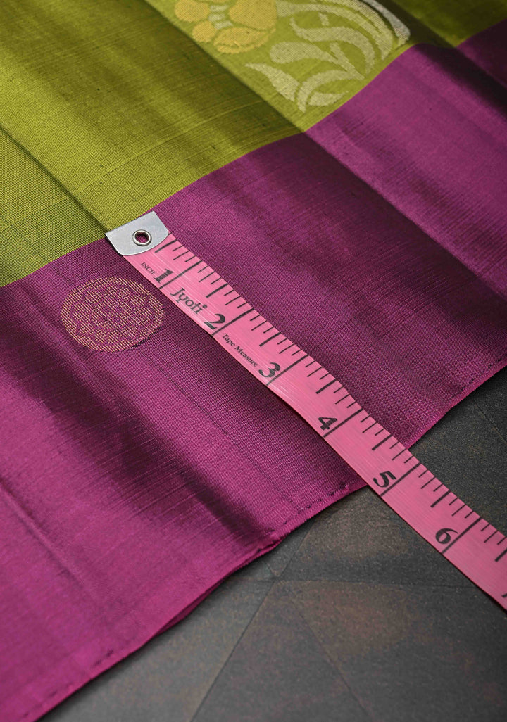 Dark Olive Green Kanjivaram Soft Silk Saree With Zari & Alfi Buttas And Contrast Border | SILK MARK CERTIFIED