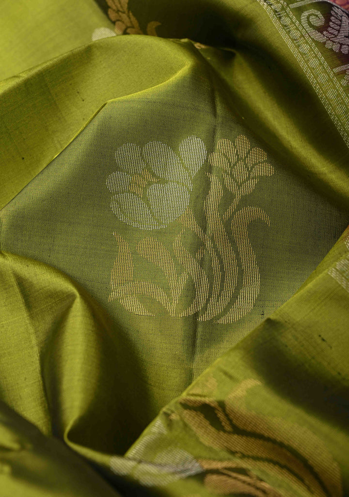 Dark Olive Green Kanjivaram Soft Silk Saree With Zari & Alfi Buttas And Contrast Border | SILK MARK CERTIFIED