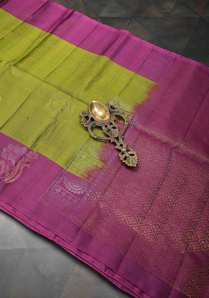 Dark Olive Green Kanjivaram Soft Silk Saree With Zari & Alfi Buttas And Contrast Border | SILK MARK CERTIFIED