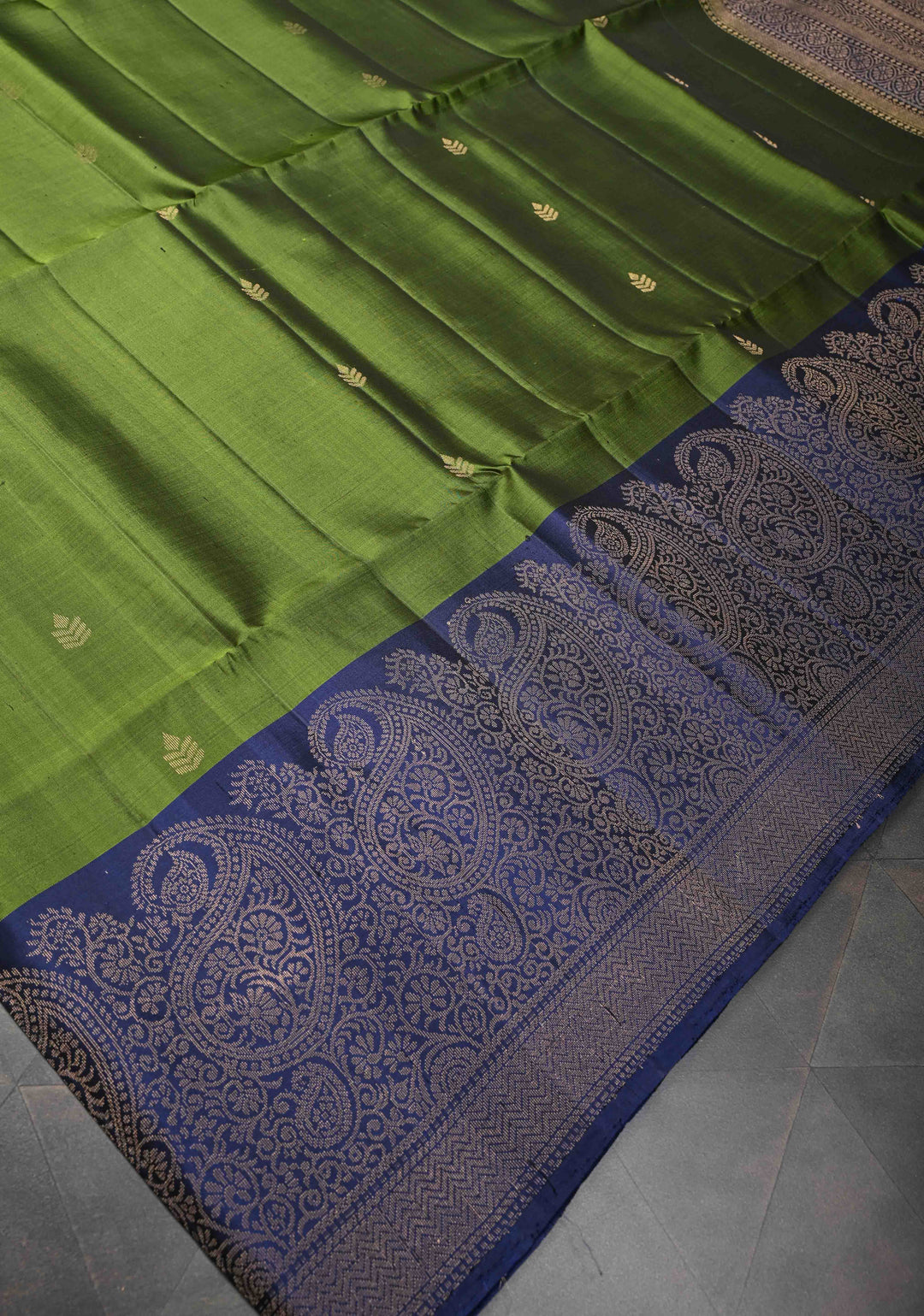 Avocado green  Kanjivaram Soft Silk Saree with Muted Zari detailing and Wide Border | SILK MARK CERTIFIED