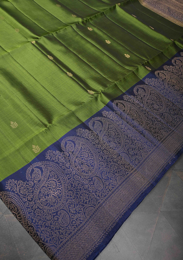 Avocado green  Kanjivaram Soft Silk Saree with Muted Zari detailing and Wide Border | SILK MARK CERTIFIED