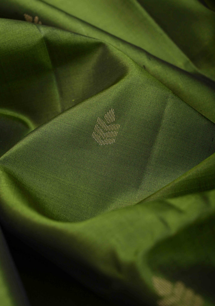 Avocado green  Kanjivaram Soft Silk Saree with Muted Zari detailing and Wide Border | SILK MARK CERTIFIED
