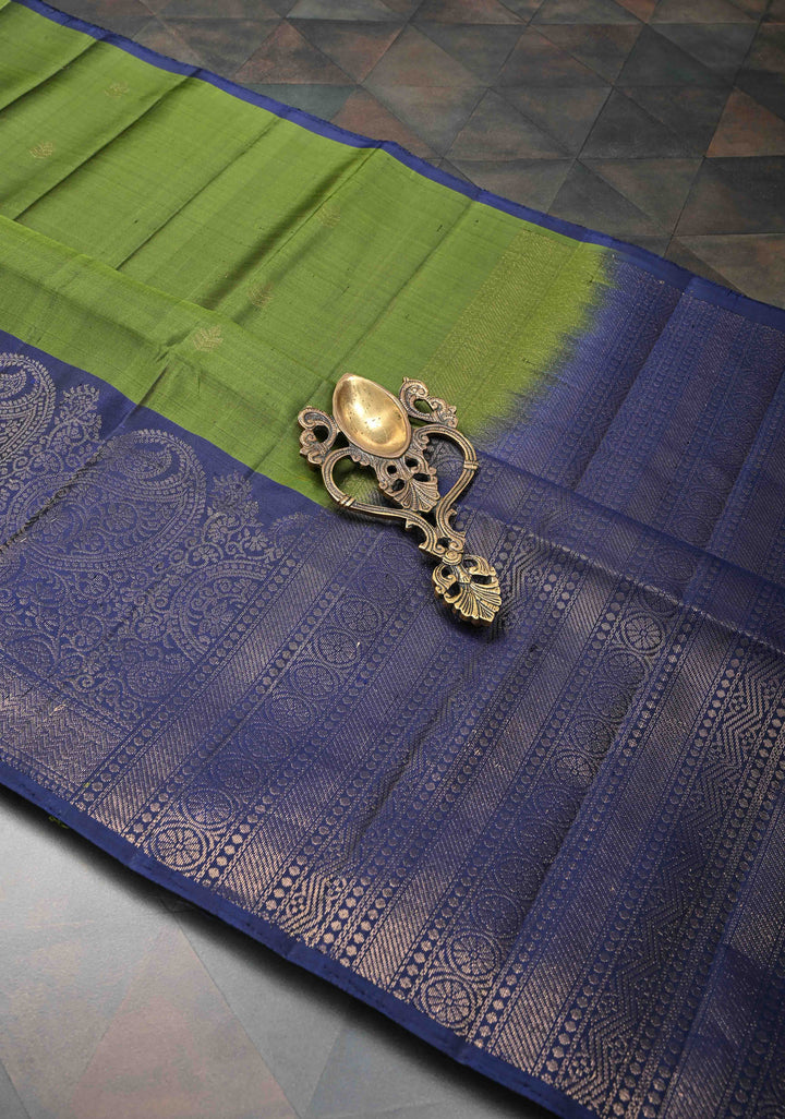 Avocado green  Kanjivaram Soft Silk Saree with Muted Zari detailing and Wide Border | SILK MARK CERTIFIED