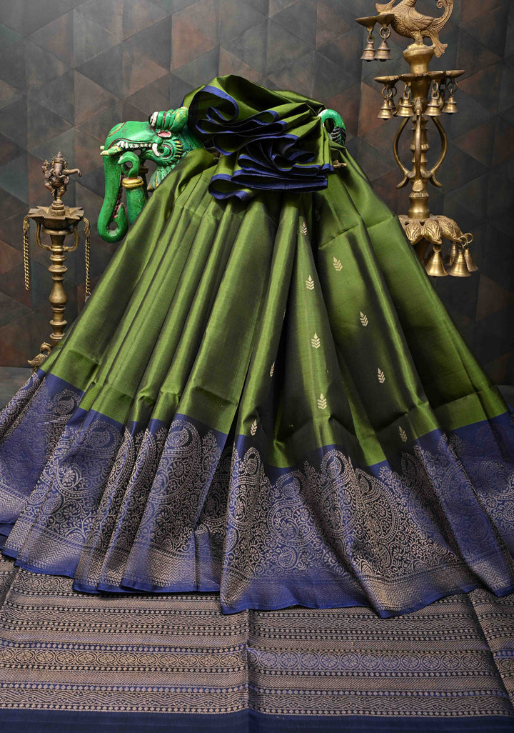 Avocado green  Kanjivaram Soft Silk Saree with Muted Zari detailing and Wide Border | SILK MARK CERTIFIED