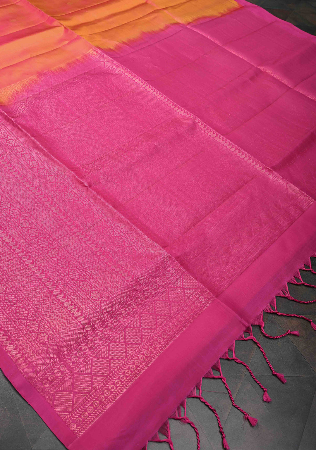 Tangerine Orange Dual Tone Kanjivaram Soft Silk Saree with Zari buttas and Contrast zari border | SILK MARK CERTIFIED