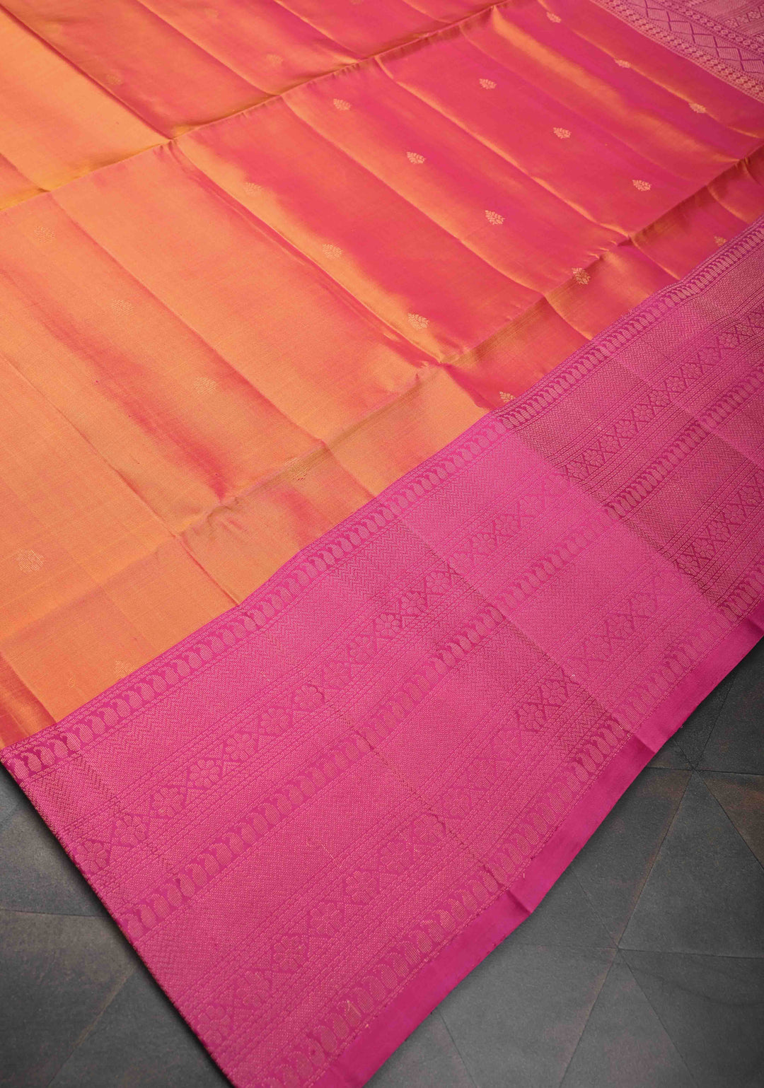 Tangerine Orange Dual Tone Kanjivaram Soft Silk Saree with Zari buttas and Contrast zari border | SILK MARK CERTIFIED
