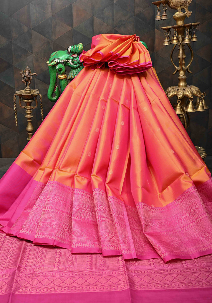 Tangerine Orange Dual Tone Kanjivaram Soft Silk Saree with Zari buttas and Contrast zari border | SILK MARK CERTIFIED