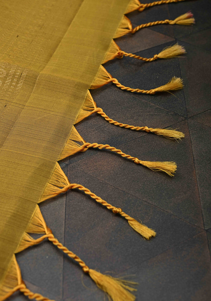 Bottle green Kanjivaram Soft Silk Saree with pin stripes and contrast zari border| SILK MARK CERTIFIED