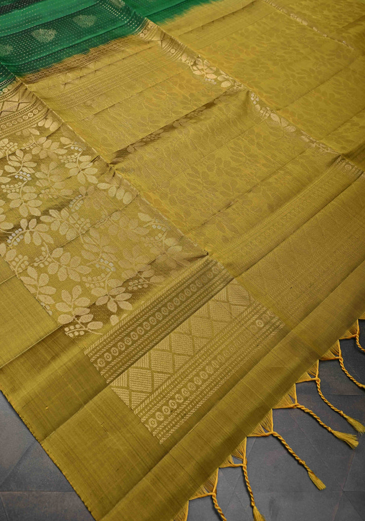 Bottle green Kanjivaram Soft Silk Saree with pin stripes and contrast zari border| SILK MARK CERTIFIED