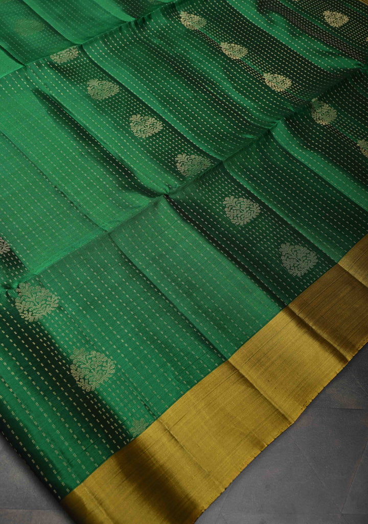 Bottle green Kanjivaram Soft Silk Saree with pin stripes and contrast zari border| SILK MARK CERTIFIED