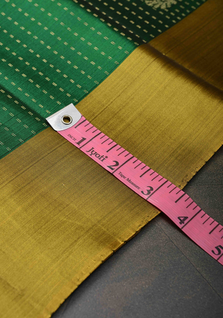 Bottle green Kanjivaram Soft Silk Saree with pin stripes and contrast zari border| SILK MARK CERTIFIED
