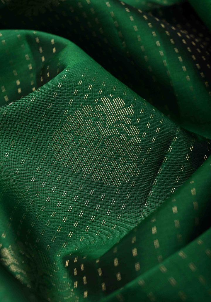 Bottle green Kanjivaram Soft Silk Saree with pin stripes and contrast zari border| SILK MARK CERTIFIED