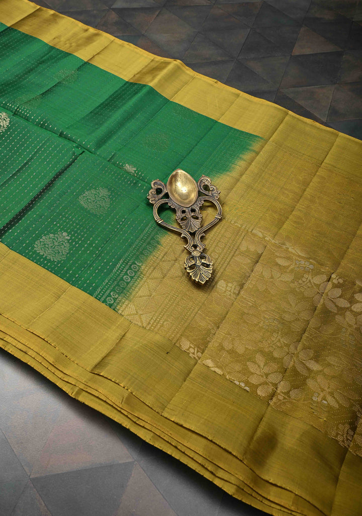 Bottle green Kanjivaram Soft Silk Saree with pin stripes and contrast zari border| SILK MARK CERTIFIED