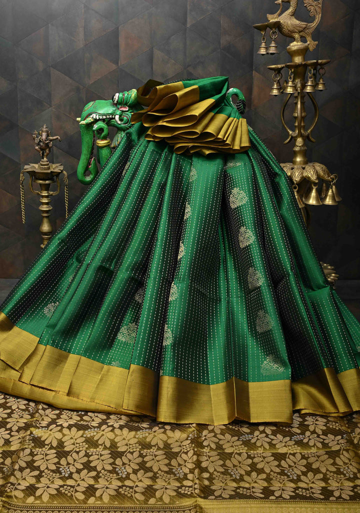Bottle green Kanjivaram Soft Silk Saree with pin stripes and contrast zari border| SILK MARK CERTIFIED