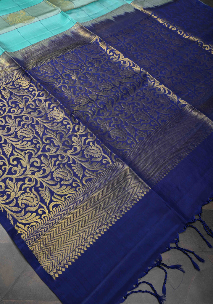 Borderless Turquoise & Sage Green Checks Kanjivaram Soft Silk Saree With Peacock Buttas | SILK MARK CERTIFIED