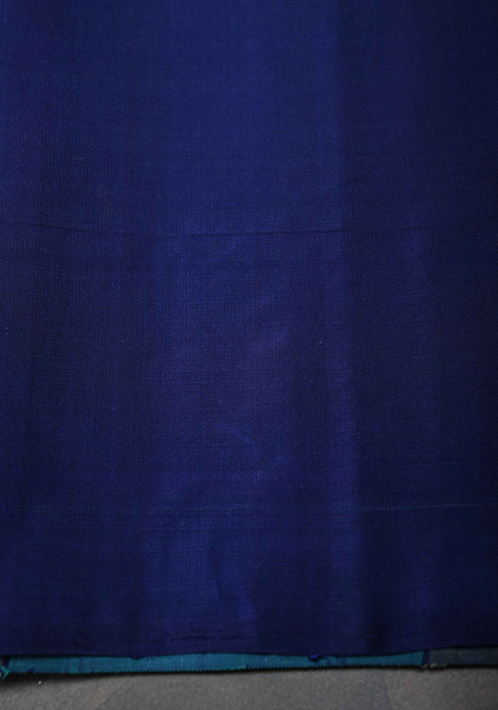 Borderless Turquoise & Sage Green Checks Kanjivaram Soft Silk Saree With Peacock Buttas | SILK MARK CERTIFIED