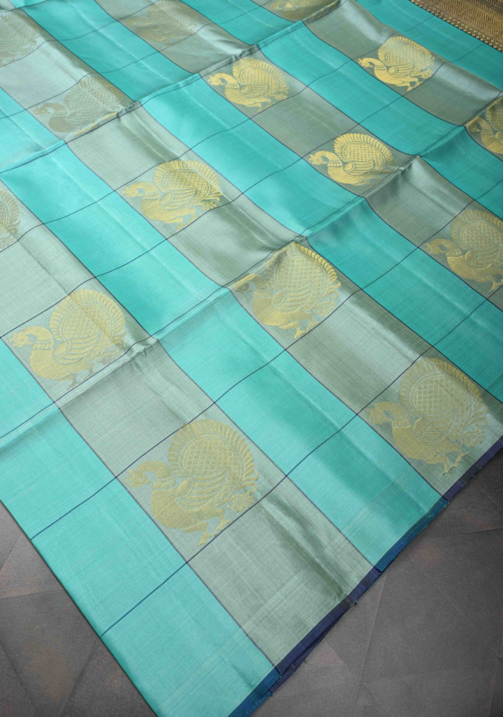 Borderless Turquoise & Sage Green Checks Kanjivaram Soft Silk Saree With Peacock Buttas | SILK MARK CERTIFIED