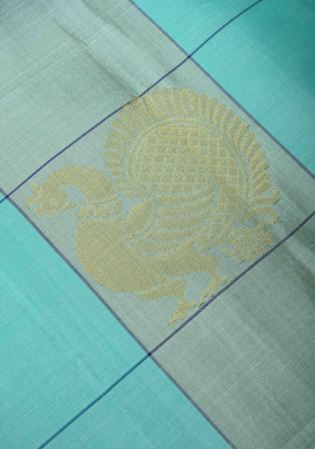 Borderless Turquoise & Sage Green Checks Kanjivaram Soft Silk Saree With Peacock Buttas | SILK MARK CERTIFIED