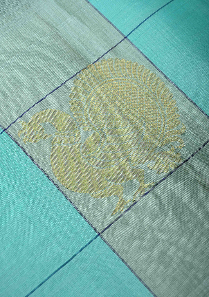 Borderless Turquoise & Sage Green Checks Kanjivaram Soft Silk Saree With Peacock Buttas | SILK MARK CERTIFIED